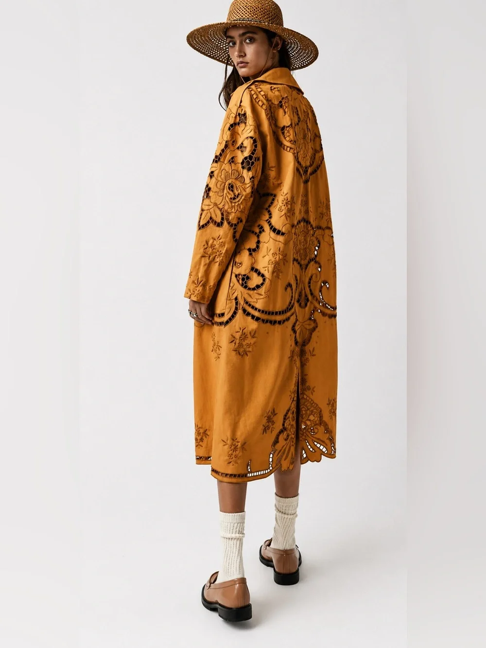 Free People Ochre Cutwork Long Trench Coat
